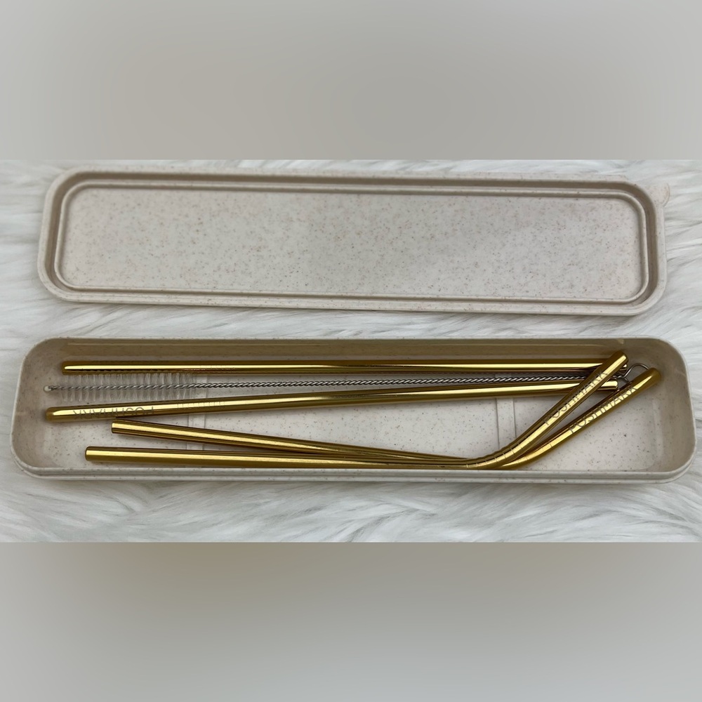 NEW POSHMARK Stainless Steel Drinking Straws Travel Case Set Reusable Gold Tone